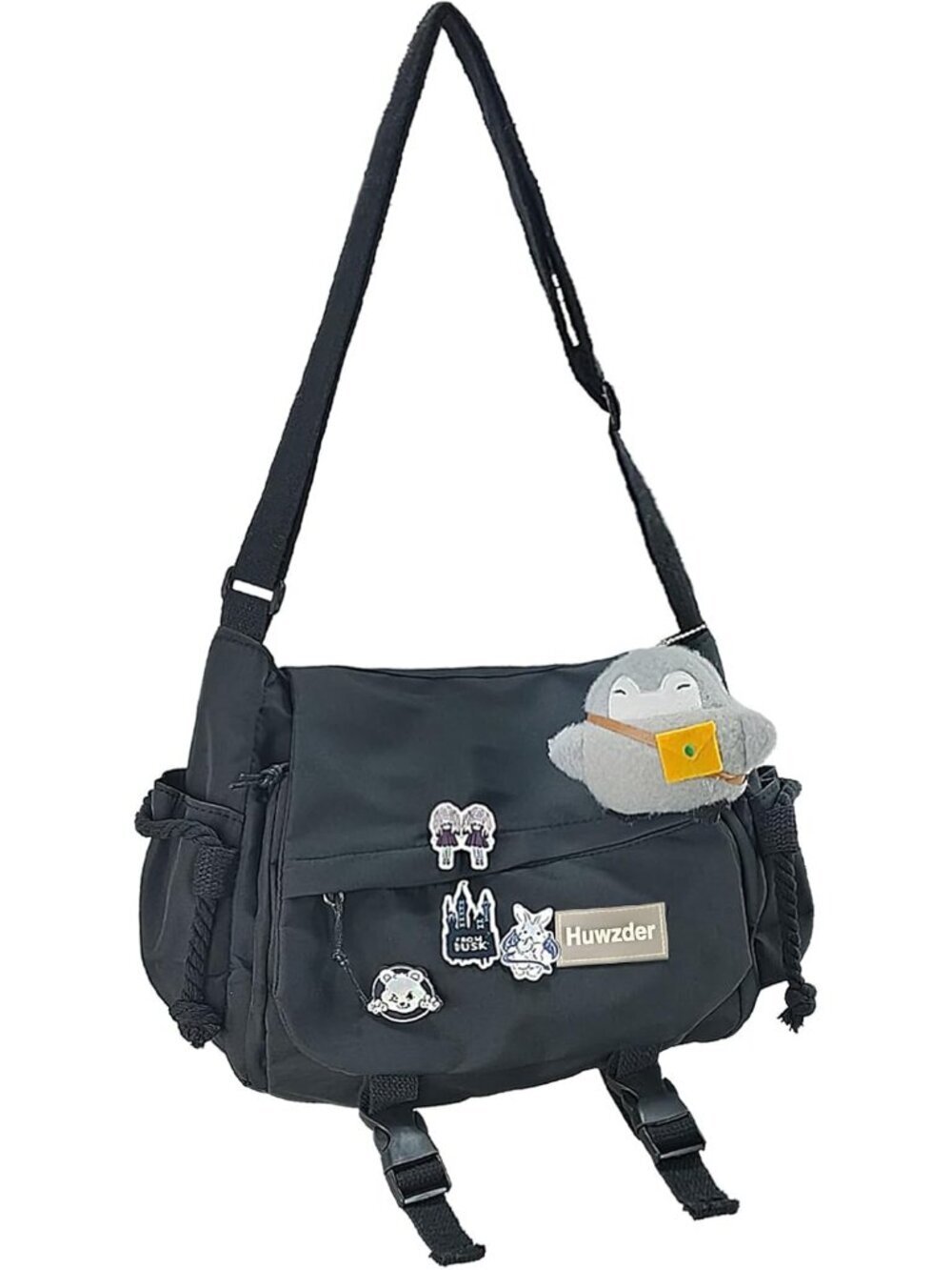 Women's Black Zipper Cute Pins Aesthetic Shoulder Crossbody Bag